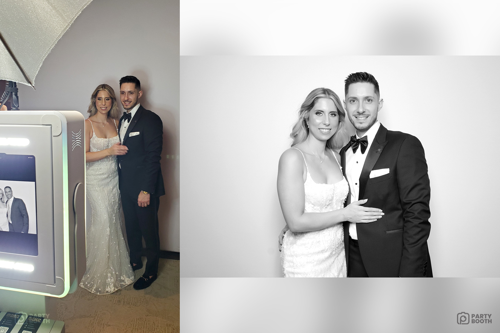 bride and groom at photo booth